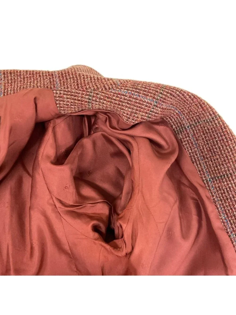 Chanel Jacket 38 M Red Dark Brown Multi Shoulder Pad Long Sleeve Check Pattern